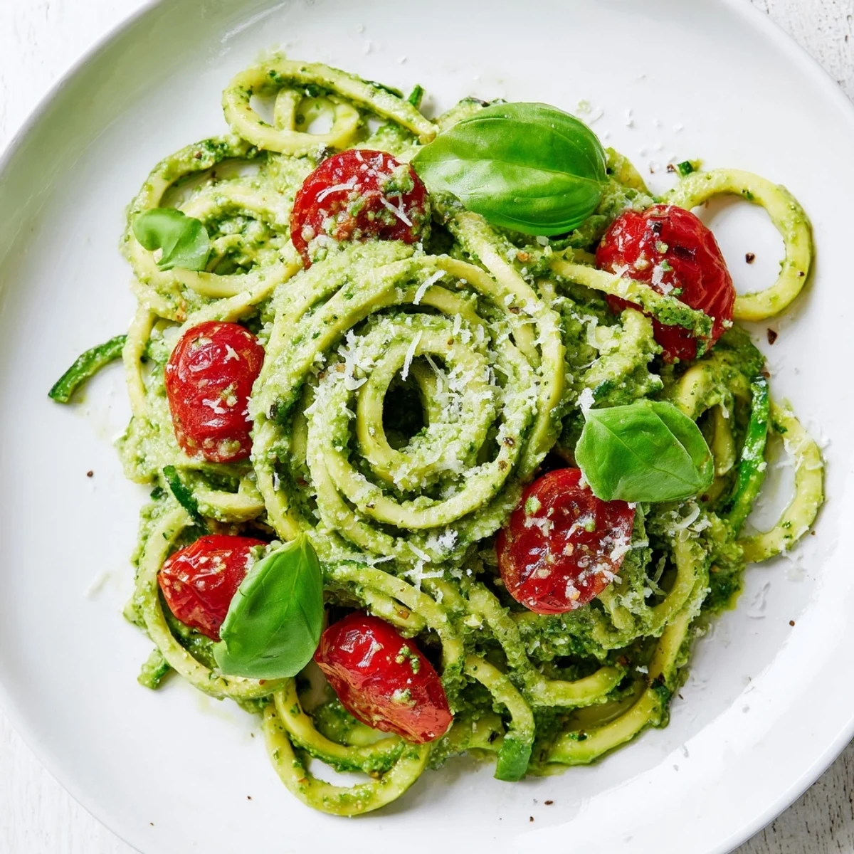 Vibrant avocado pesto zoodles tossed with cherry tomatoes, finished with black pepper for a light vegetarian meal.