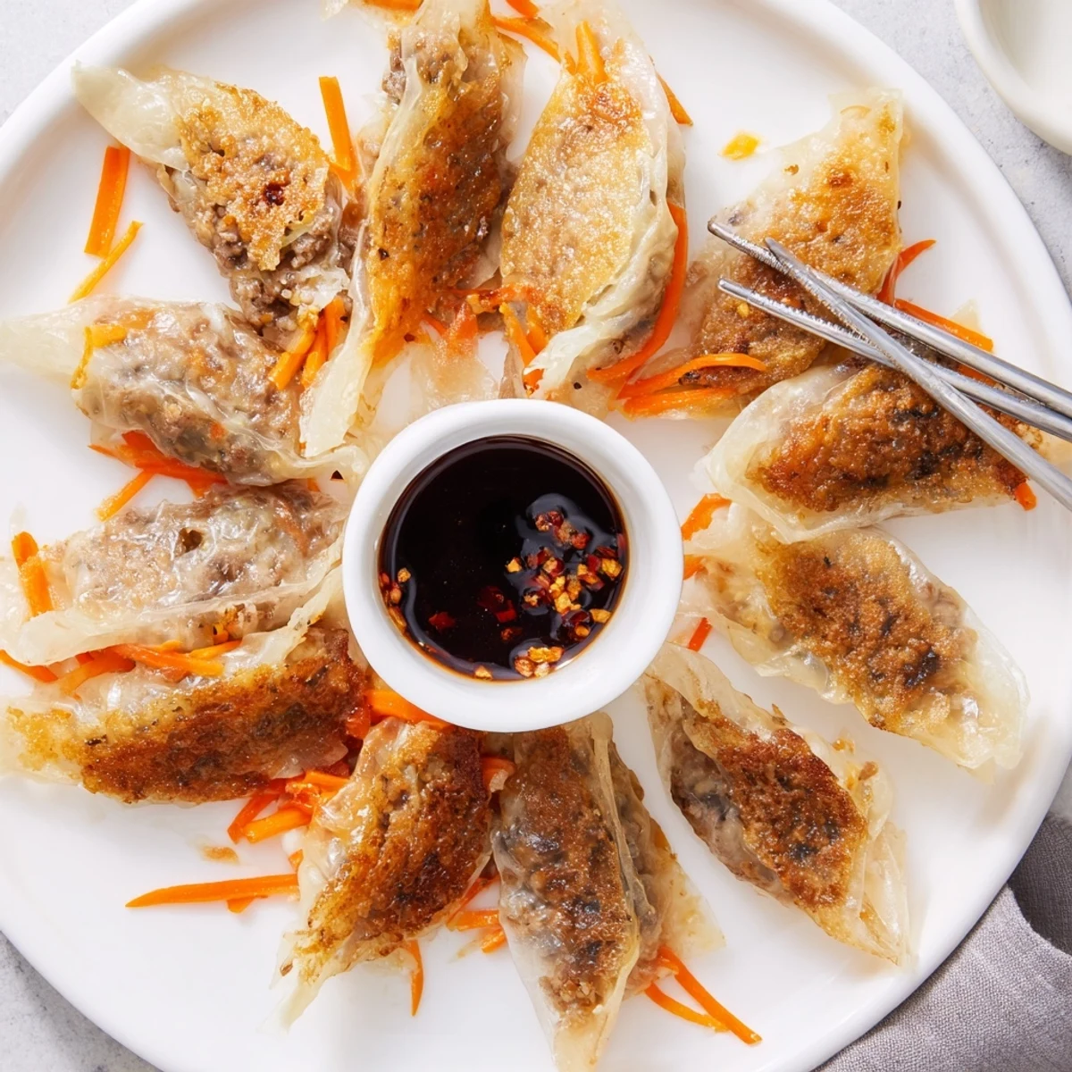 A close-up of Crispy Rice Paper Dumplings served with a small bowl of tangy, spicy dipping sauce.  