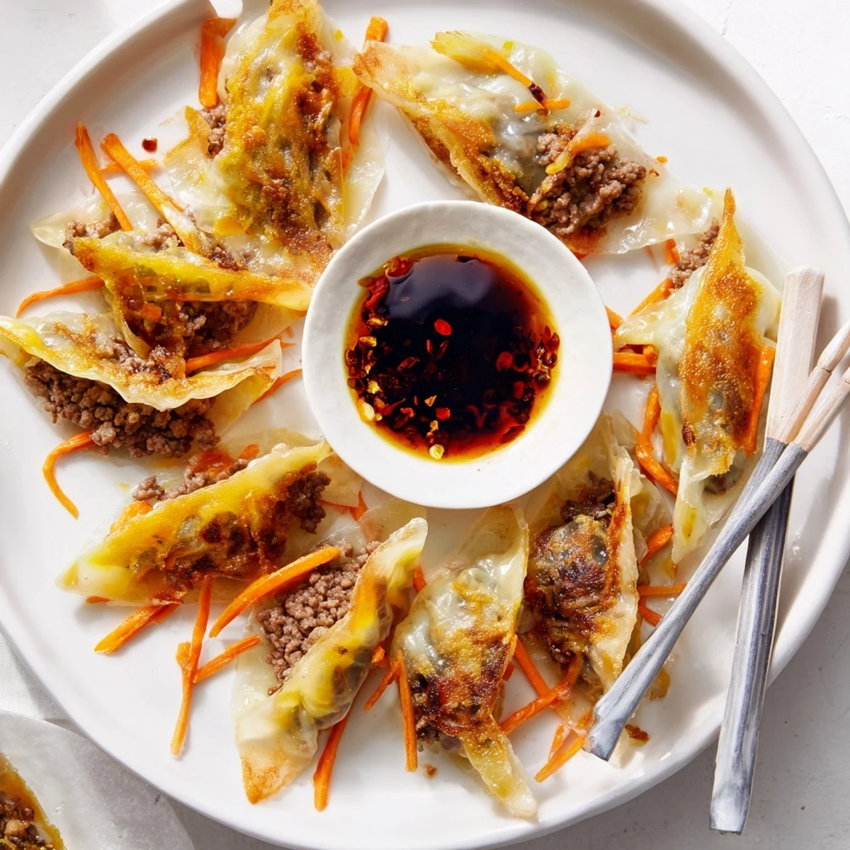 Freshly cooked Crispy Rice Paper Dumplings arranged on a plate, ready to be dipped in soy sauce.