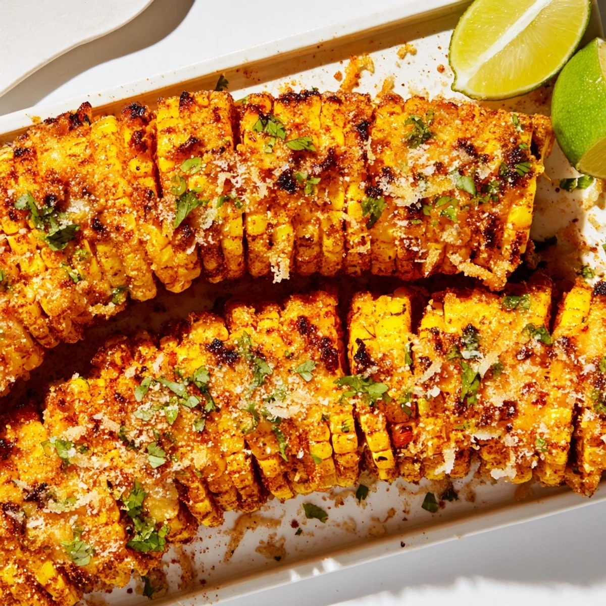 Freshly roasted Cheesy Corn Ribs with smoky spices, dripping with cheese and a bright squeeze of lime, perfect for a vegetarian appetizer or side.