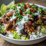 Flavorful Carnitas Burrito Bowl with golden shredded pork, colorful vegetables, and fresh cilantro garnish, served in a rustic bowl for an authentic Mexican-inspired meal.