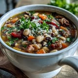 A hearty bowl of Black-Eyed Peas and Sausage Soup topped with fresh parsley.