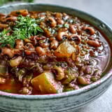 Black-Eyed Pea Stew with Chefs Touch simmering in a Dutch oven, featuring tender carrots, potatoes, and onions in a rich, smoky broth.