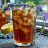 A pitcher of lavender honey lemonade with fresh lemon slices and lavender sprigs, glowing in soft afternoon light.
