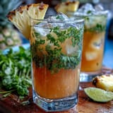 A tall glass of Pineapple Basil Agua Fresca with ice, garnished with a pineapple wedge and basil sprig, capturing summer refreshment.