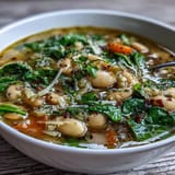 Creamy white bean soup with spinach, carrots, and celery, seasoned with Italian herbs and a hint of red pepper.
