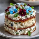Light lemon sponge cake layered with tangy curd, adorned with delicate pressed pansies and violets.  