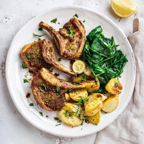 Golden pan-roasted chicken with zaatar, potatoes, and vibrant green sautéed vegetables, ready to serve.