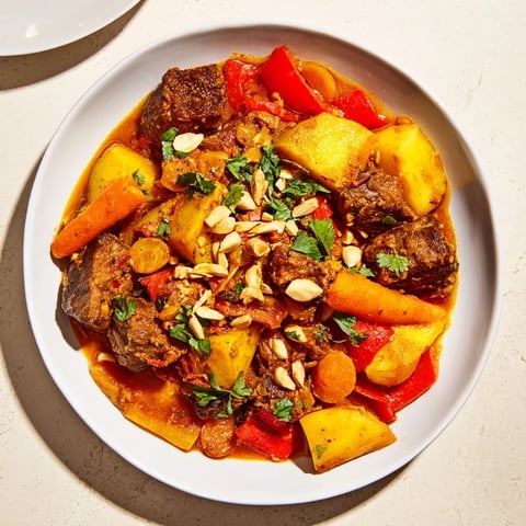 A steaming bowl of Instant Pot Middle Eastern lamb stew, garnished with fresh cilantro and almonds.