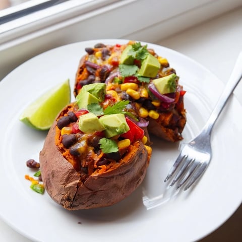 Steaming baked sweet potatoes loaded with black beans, avocado, and fresh lime, a hearty vegetarian meal.