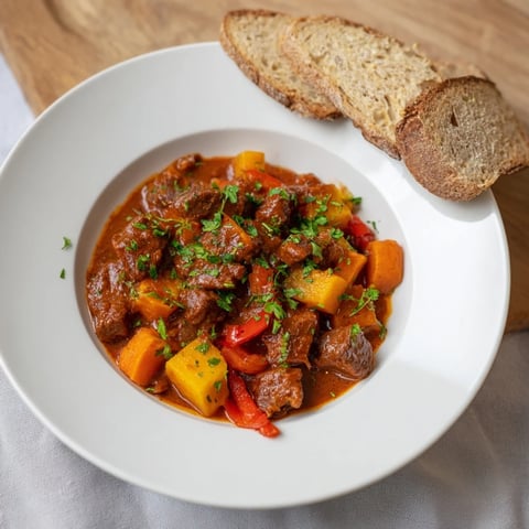 Golden-brown Homemade Beef Goulash steaming hot, ladled over crusty bread, a comforting stew.