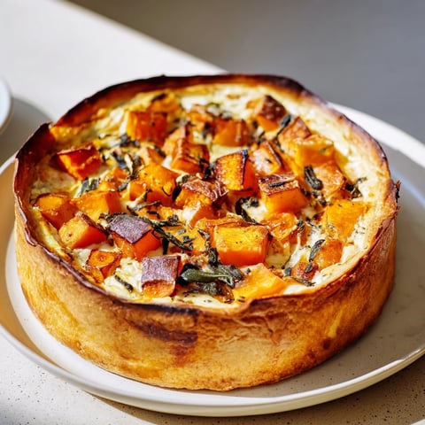 A golden-brown Potato Crust Quiche with roasted butternut squash, savory filling ready for a delicious brunch.