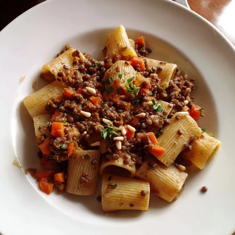 Steaming bowl of High-Fiber Lentil Bolognese nestled over whole wheat pasta, garnished with parsley.