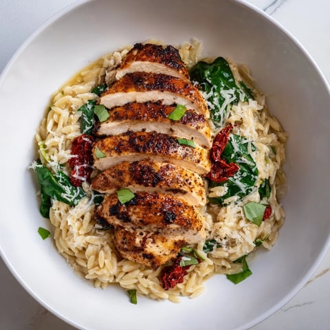 A close-up of creamy Marry Me Chicken Orzo, with parmesan melting into the sauce.