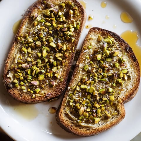 Golden-brown Pistachio Butter Toast topped with glistening honey and crunchy chopped pistachios.