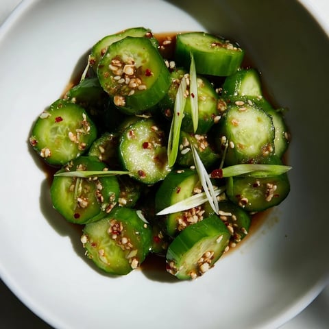 Shake Shake Garlic Cucumbers in a glass jar, featuring crisp sliced cucumbers, fresh minced garlic, and a glossy soy-sesame dressing with red chili flakes.