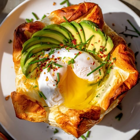 Four golden, pillow-like cloud bread breakfast clouds topped with creamy avocado slices and a perfectly poached egg with a runny yolk on a rustic wooden table.