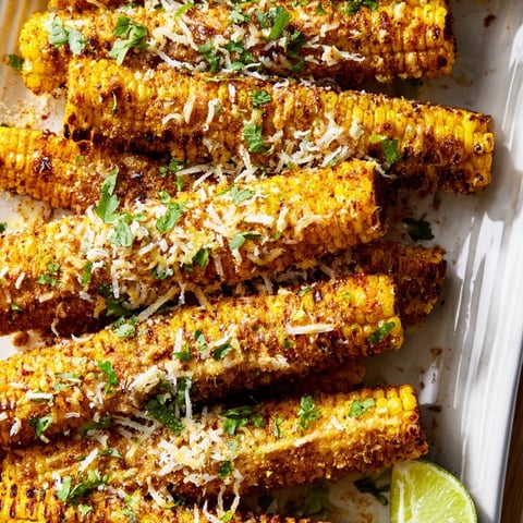 Golden-brown Cheesy Corn Ribs roasted to crispy perfection, topped with melted cheddar and fresh cilantro, served with lime wedges on a rustic plate.