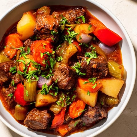 Fork tender Smoked Paprika &amp; Garlic Beef Stew with steaming potatoes and carrots&amp;perfect for chilly weather.