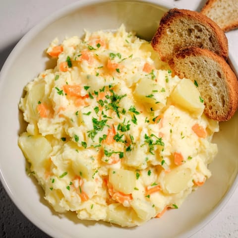 A close-up of Creamy Garlic Potato Soup reveals its smooth, creamy texture, ready to warm you.