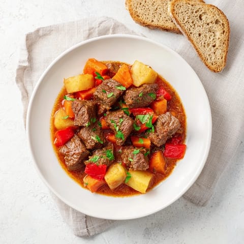 A close-up of tender beef chunks in the flavorful Homemade Beef Goulash, ready to eat.