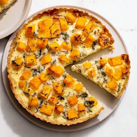 Fragrant steam rises from this Potato Crust Quiche, showcasing the baked squash and creamy cheeses.