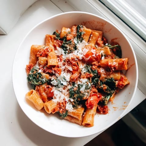 A comforting close-up showing the creamy texture of the Sun-Dried Tomato Spinach Cottage Cheese Pasta dish.