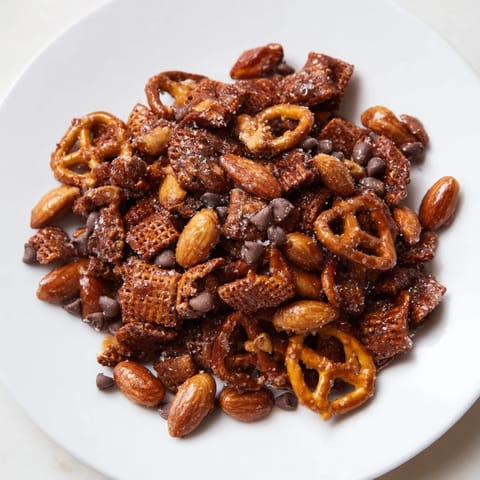 Festive Pine Cone Snack Mix: a close-up of the delicious, sweet-and-savory holiday treat.