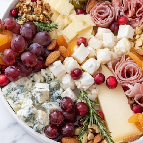 Close-up of a vibrant Holiday Wreath Cheese Platter, overflowing with savory cheeses and fresh, colorful garnishes.