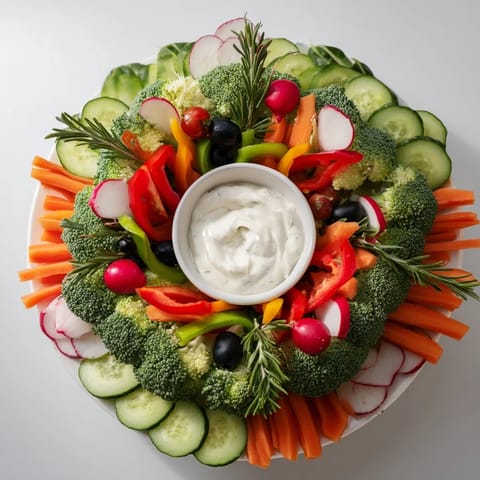 Fresh, colorful Wreath Veggie Dip Platter, a visually appealing appetizer for any holiday gathering.