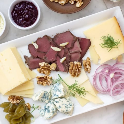 Reindeer Charcuterie Platter with a beautiful mix of cured meats and artisan cheeses, ready to eat.