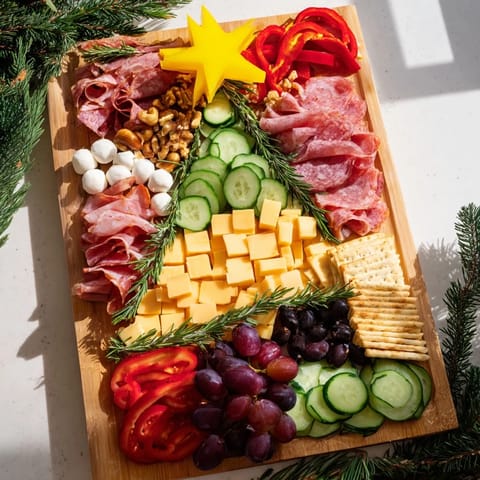 A beautiful Christmas Tree Snack Board, piled high with delicious goodies for holiday guests.