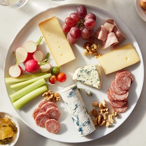 Cheval Heureux snack board overflowing with creamy cheeses, cured meats, fresh fruit and baguette slices.