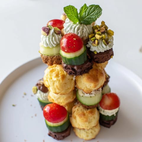 Elegant tower of Tour dÉléphant Goûter Gourmand snacks, featuring creamy layers and colorful garnishes.