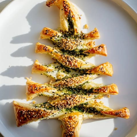 Flaky, golden Puff Pastry Christmas Tree appetizer, showing twisted branches and sprinkled sesame seeds, perfect for Christmas.