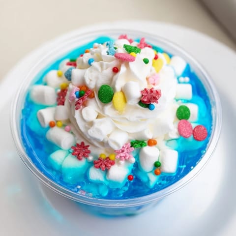 Clear cups showcase layers of blue jello, mini marshmallows, and snowflakes in these fun Snow Globe Jello Cups.