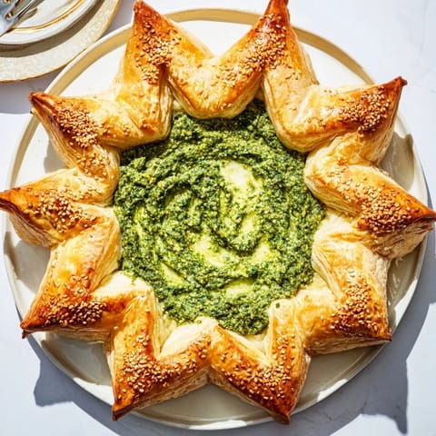 Golden-brown, star-shaped pesto dip surrounded by flaky pastry, ready to serve and share.