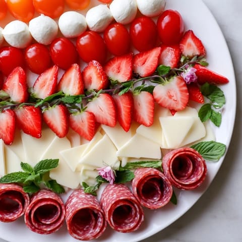 A visually appealing Peppermint Stripe Celebration arrangement, featuring mozzarella, strawberries, and mint for the holidays.