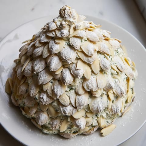 This appetizer is a Snowy Pinecone Centerpiece: creamy cheese and almond "scales" dusted with snow.