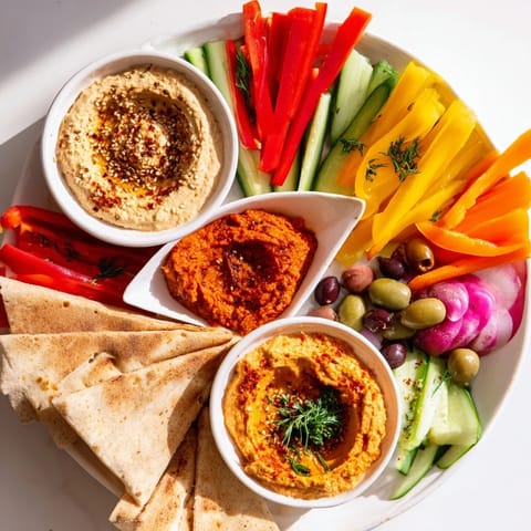 Vibrant The Moroccan Tent appetizer, a feast of colorful vegetables, warm pita, and spiced dips.