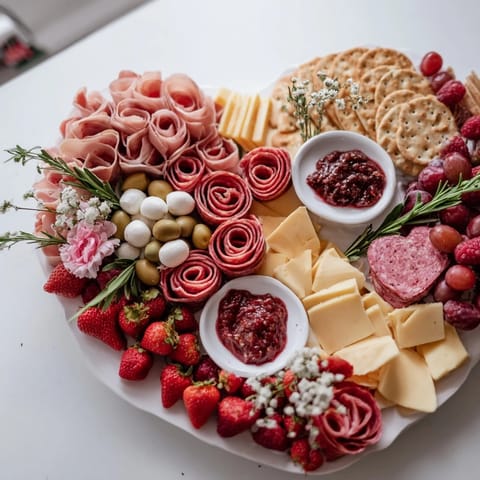 Heart shaped charcuterie board with cured meats, cheeses, and fruits arranged beautifully; perfect for special occasions.