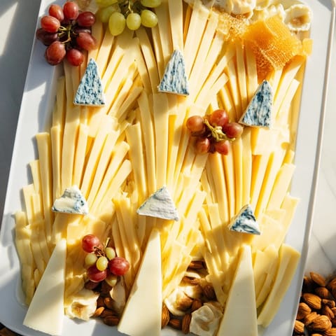 The beautiful Art Deco Arch Cheese Platter: creamy brie, sharp cheddar, and delicious accompaniments abound.