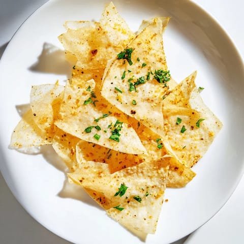 Air-fried crispy garlic lumpia chips, a tasty vegan appetizer with a delightful crunch, ready to serve!.