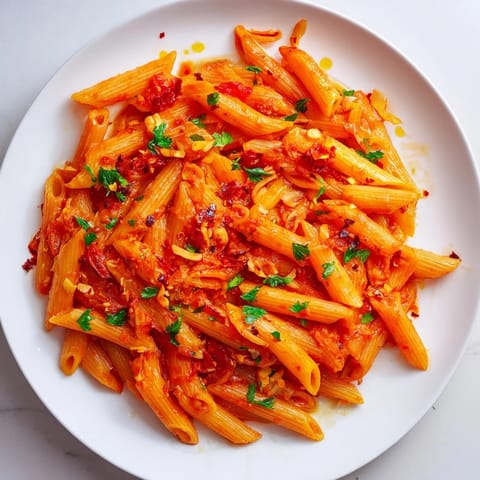 Spicy Penne all'Arrabbiata with fresh parsley: a delicious, simple Italian pasta dish.