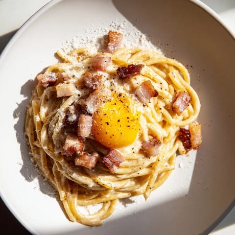 Quick Express Spaghetti Carbonara photo showcases cooked spaghetti with crispy bacon and a rich, cheesy sauce.