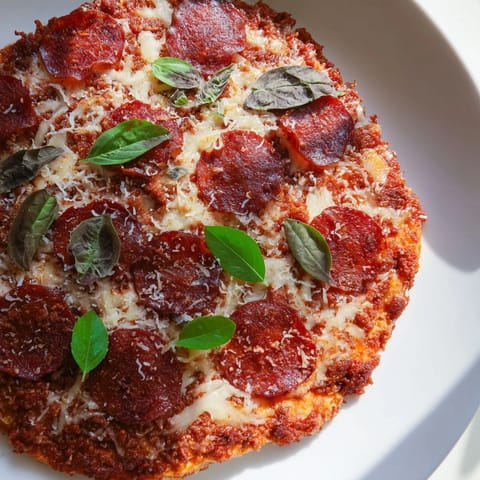 Savory ground beef pizza base: a gluten-free delight with bubbling mozzarella and pepperoni.