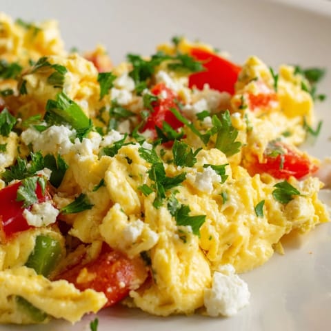 Freshly cooked Turkish Menemen, savory scrambled eggs with bright tomatoes, peppers, and onions served.