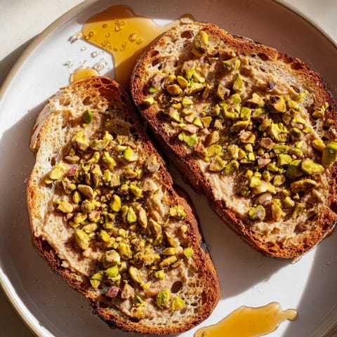 Delicious Pistachio Butter Toast ready to eat, with a drizzle of honey and sea salt.