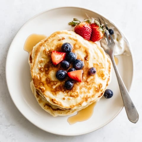 A stack of fluffy Cottage Cheese Pancakes being served with a dollop of Greek yogurt and honey on a rustic wooden table.  