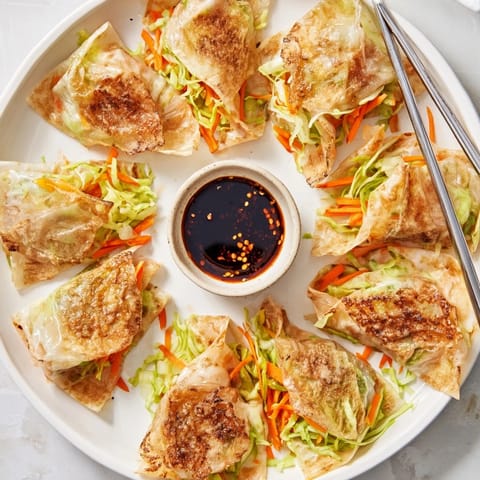 Golden brown Crispy Rice Paper Dumplings, pan-seared and filled with savory chicken, carrots, and cabbage.  